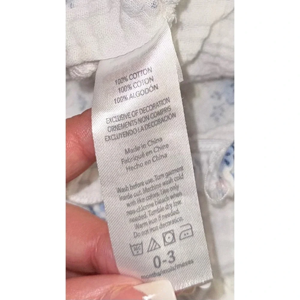 Emily and Oliver Baby Girls Floral Muslin Ruffle Romper White Blue 0-3 Months